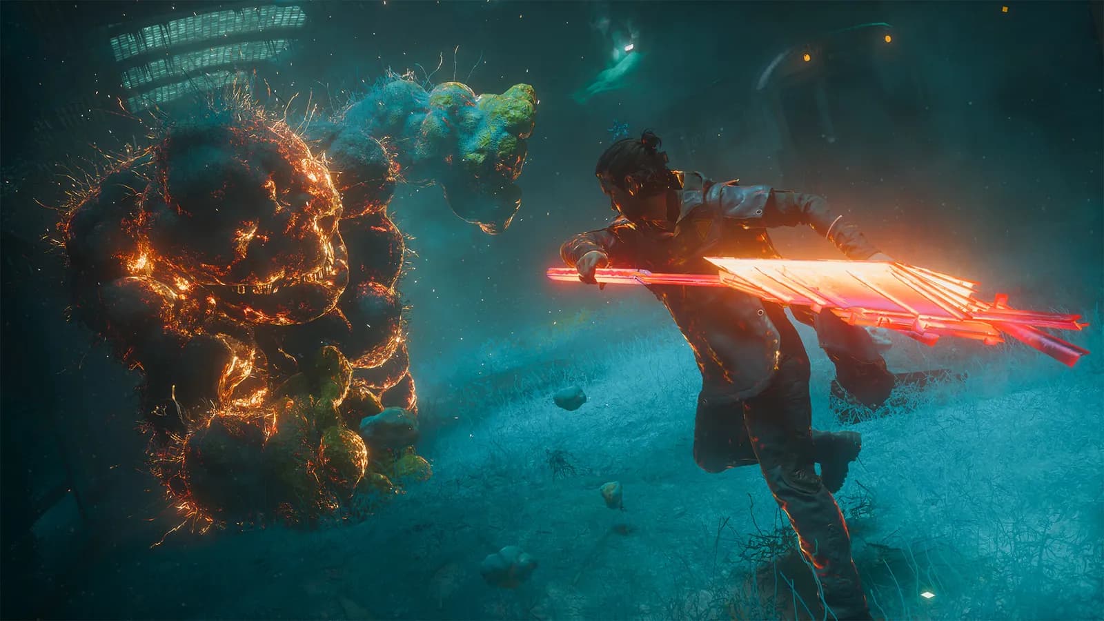 Dylan swings a glowing red Aberrant blade at a burning, overgrown mass