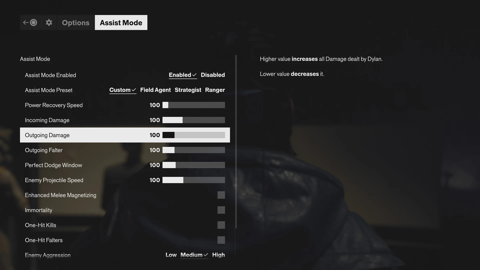 CONTROL Resonant Assist Mode menu showing damage, dodge timing, enemy aggression and other combat settings