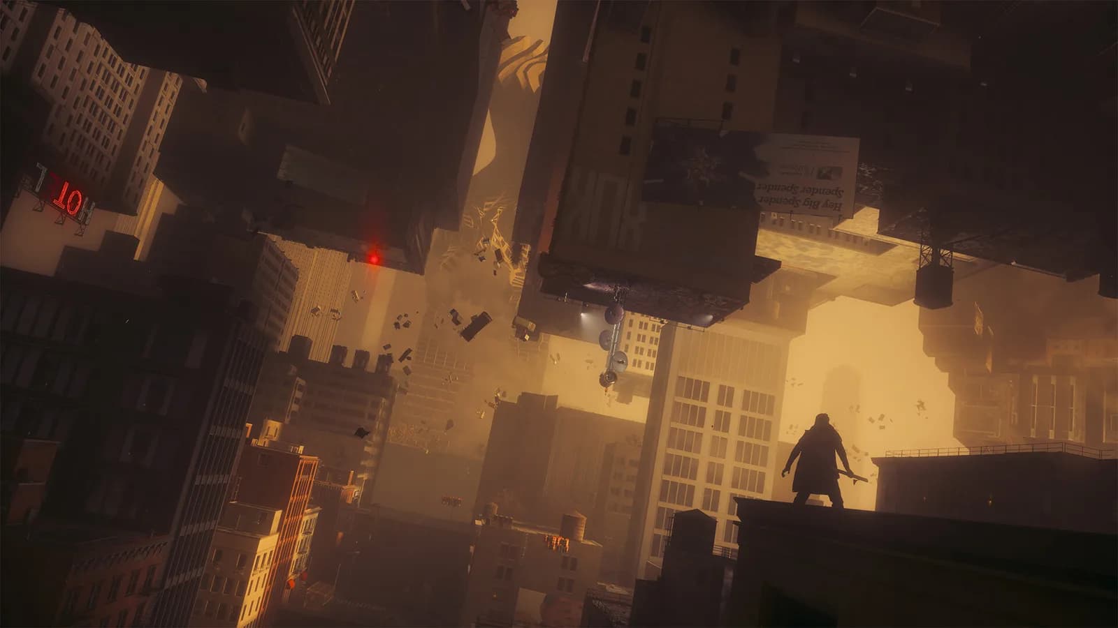 Dylan stands on a Manhattan rooftop beneath upside-down buildings